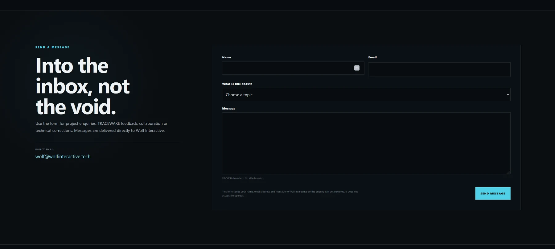 The rebuilt Wolf Interactive contact form with dark styling, topic selection, direct email address and Send Message button.