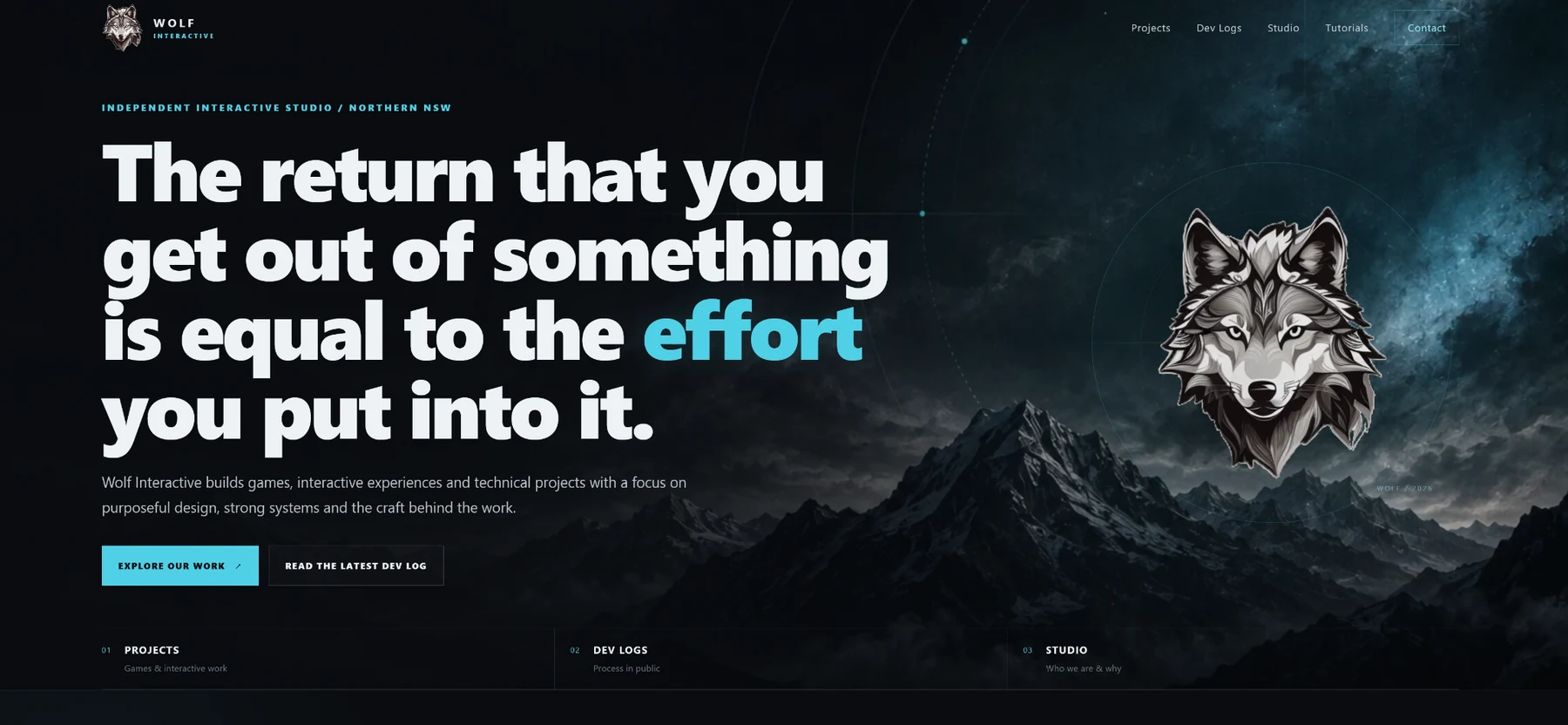 The rebuilt Wolf Interactive Lone Ridge homepage with a dark mountain-night hero, large studio quote and wolf emblem.