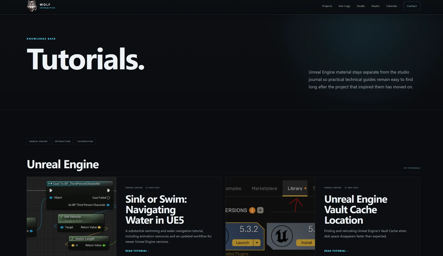 The rebuilt Wolf Interactive Tutorials page showing the dedicated Unreal Engine knowledge base in the dark Lone Ridge design.