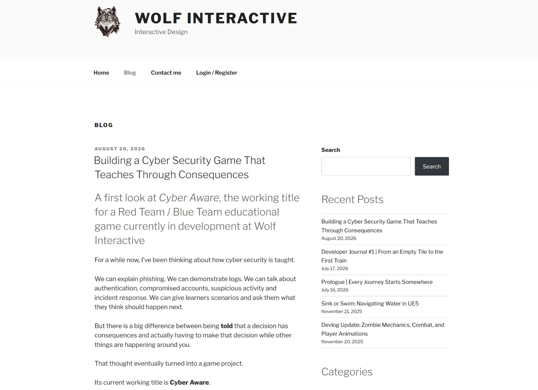 The old Wolf Interactive WordPress blog page showing a development post, sidebar search, recent posts and categories.