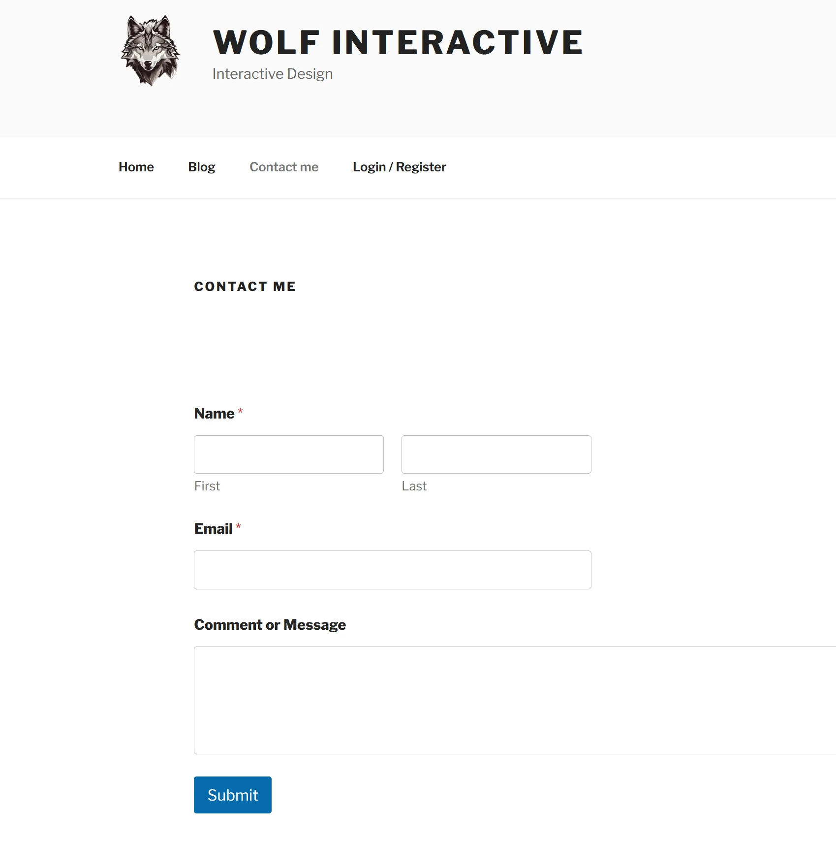 The old Wolf Interactive WordPress Contact Me page with first name, last name, email and message fields.