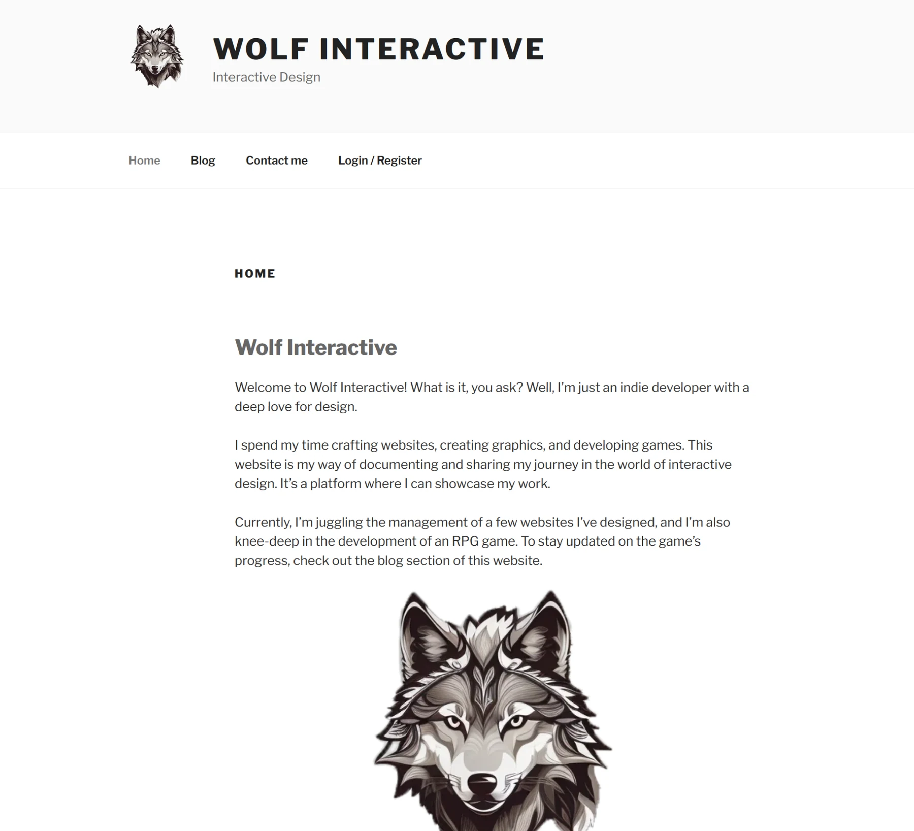 The original Wolf Interactive WordPress homepage with a white layout, studio introduction, navigation and wolf artwork.
