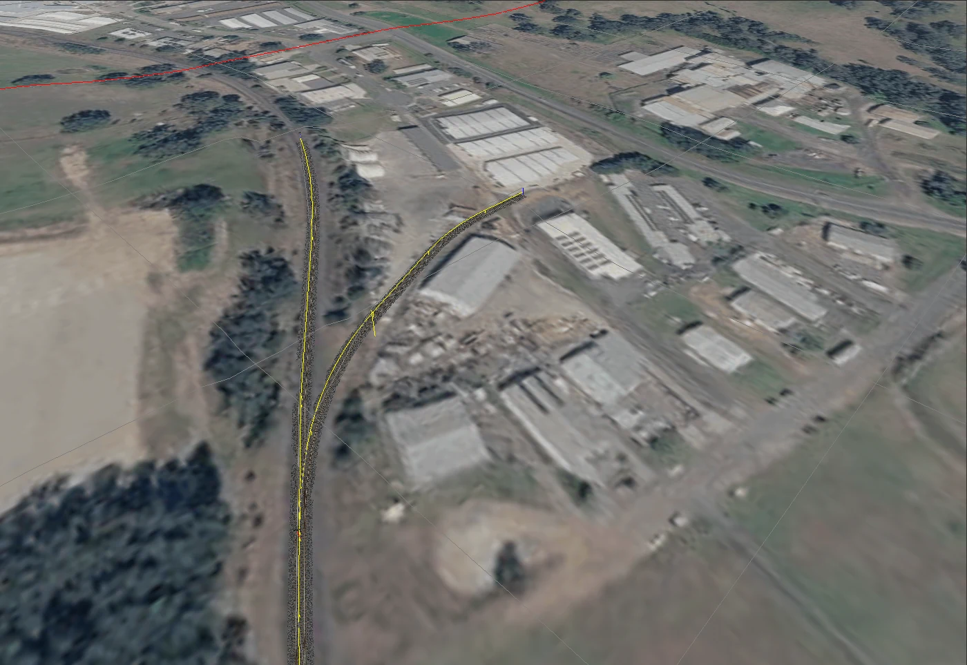 TSRE5 overhead view of the partially reconstructed Grafton Abattoirs siding over modern satellite imagery.