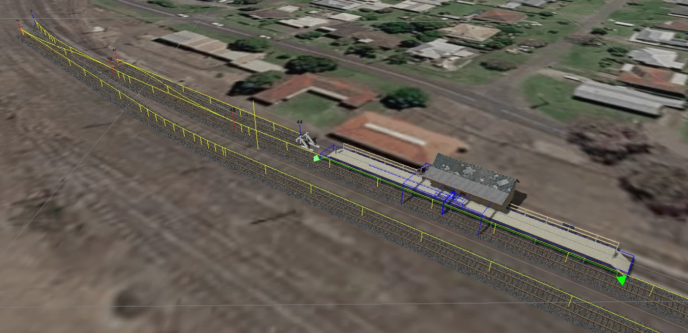 Early TSRE5 construction view of North Grafton Station and the developing yard over satellite imagery.