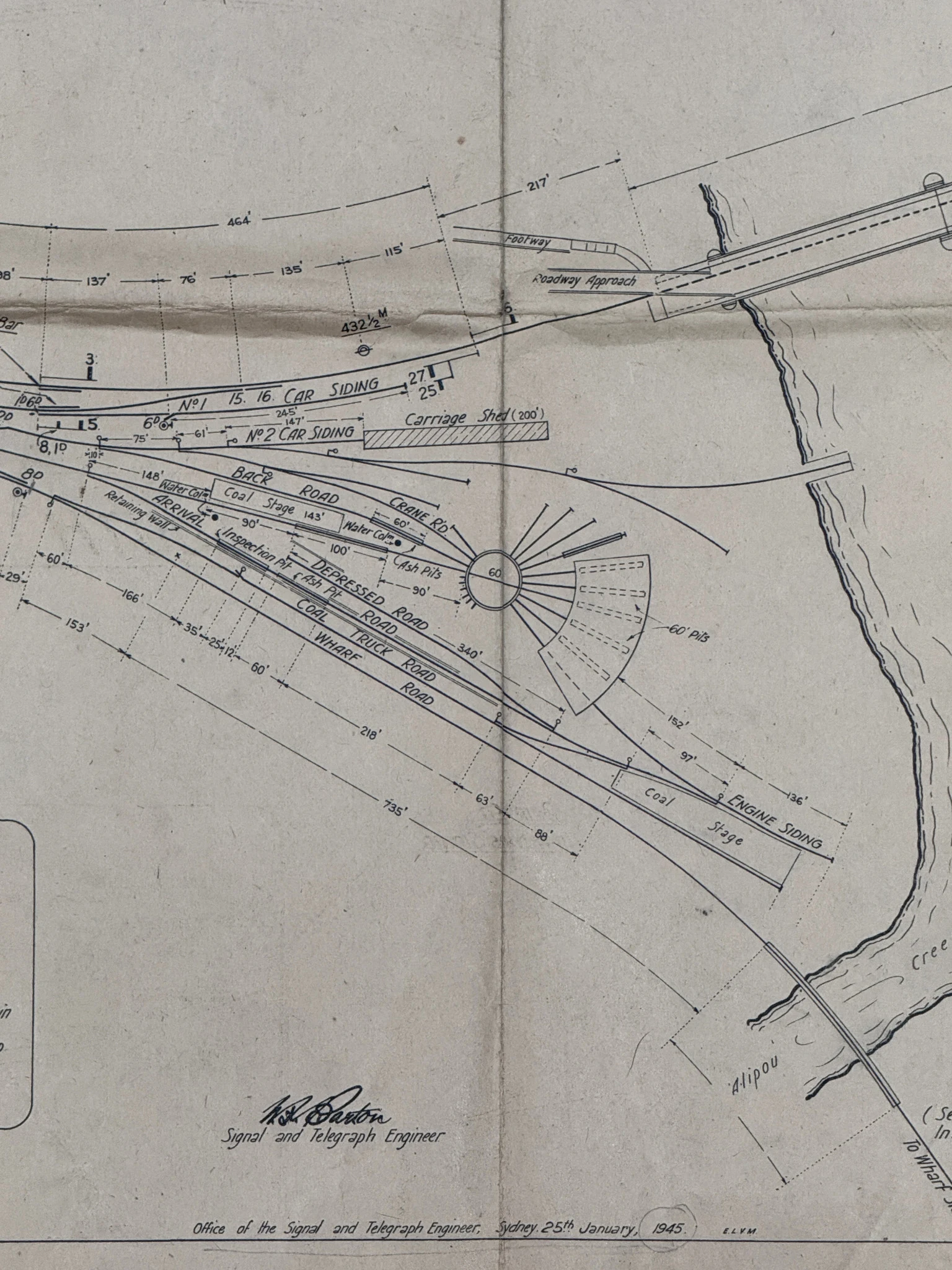 1945 railway plan of the South Grafton enginehouse area showing the 60 foot turntable, engine sidings, coal stage, ash pit, carriage shed and track toward the creek siding.