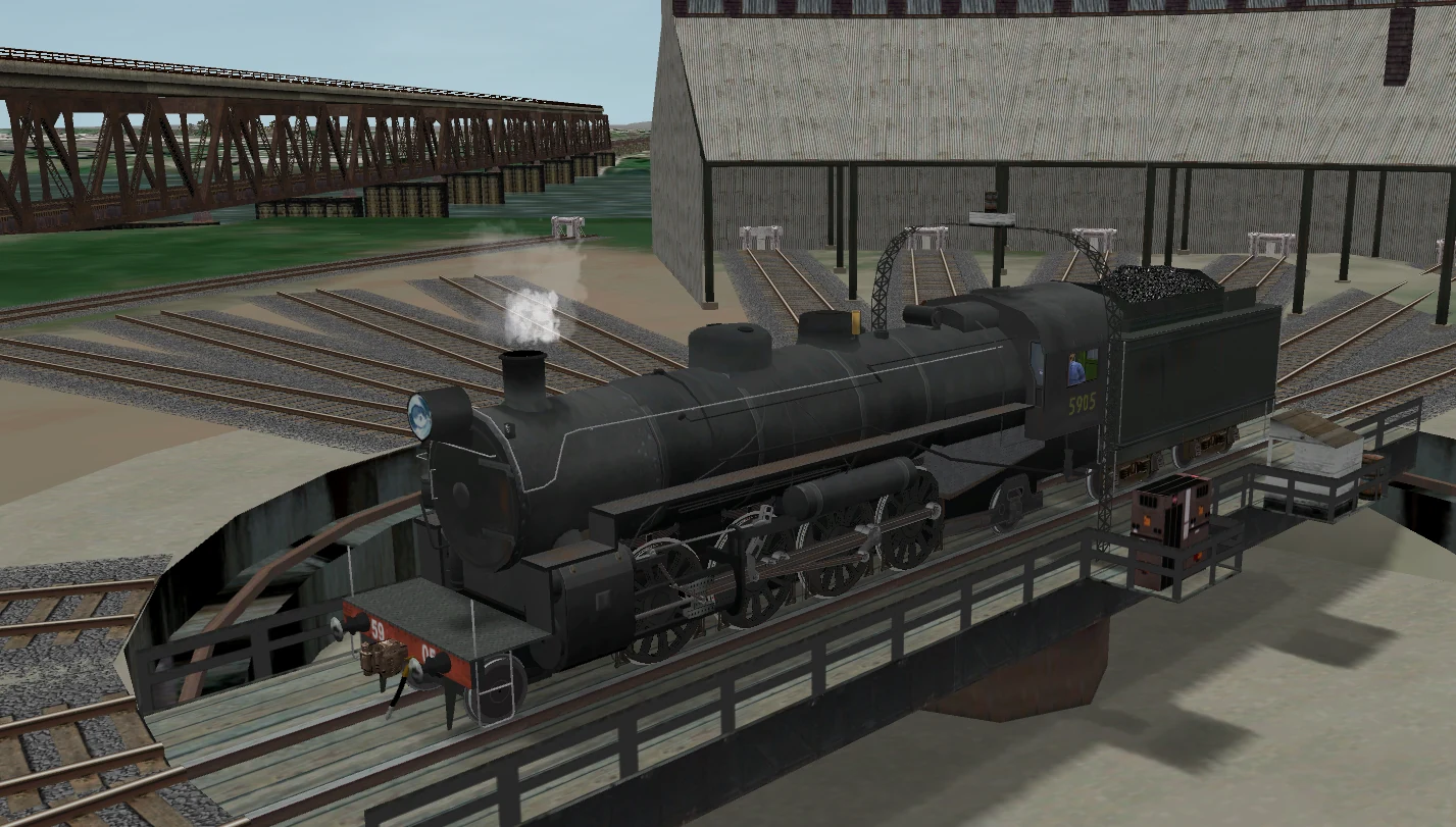 Steam locomotive 5905 positioned on the reconstructed South Grafton turntable in Open Rails.