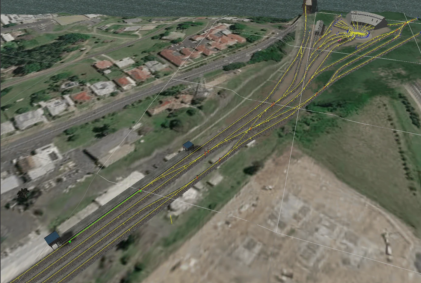 Current TSRE5 overhead view of the reconstructed South Grafton yard and turntable over satellite imagery.