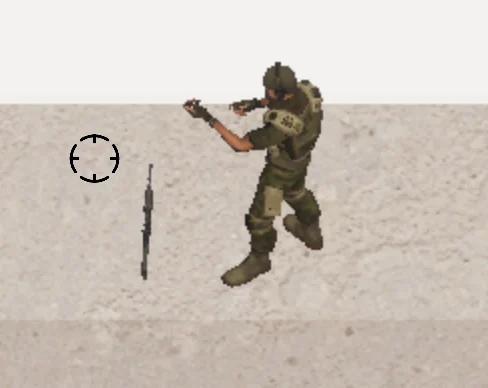 A dropped rifle model standing vertically beside a soldier in the current Protofodder test environment