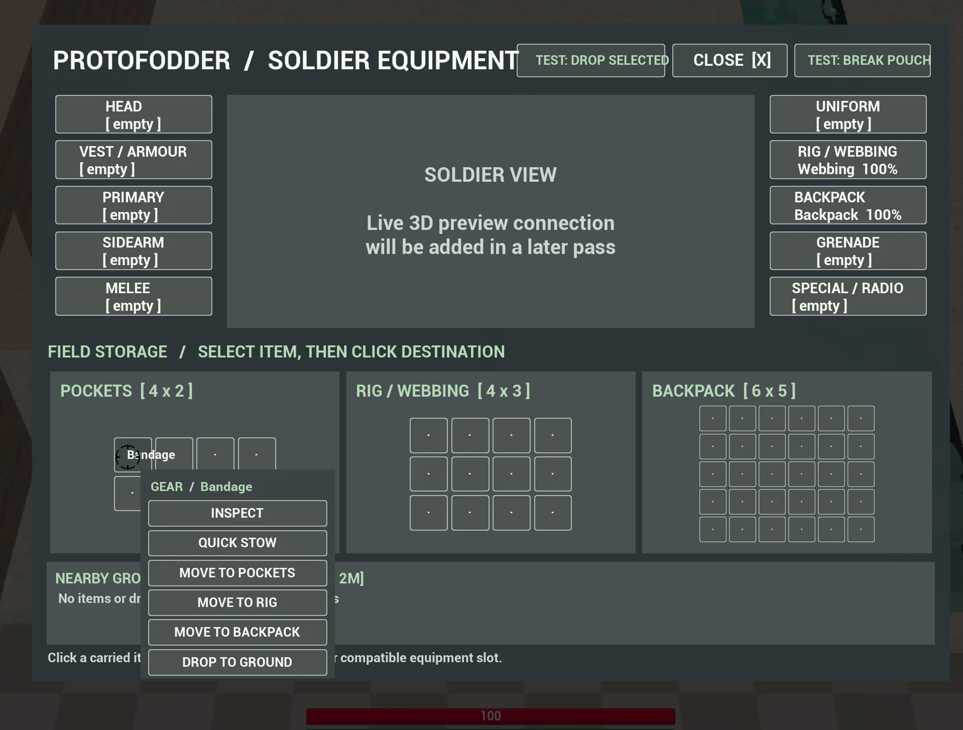 Protofodder inventory context menu showing inspect, quick stow, move and drop actions