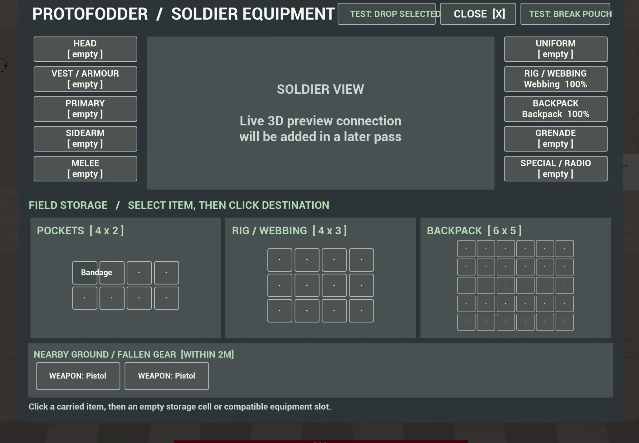 Protofodder inventory screen showing nearby pistols on the ground and available equipment slots