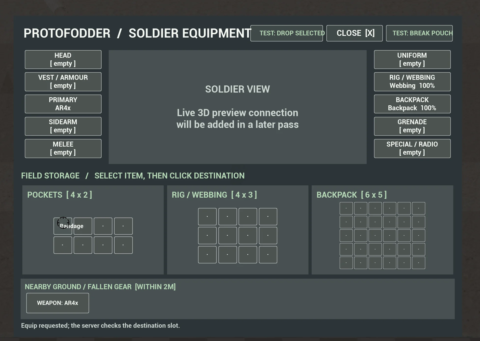 Protofodder's in-development soldier equipment screen with dedicated equipment slots and three grid-based storage areas