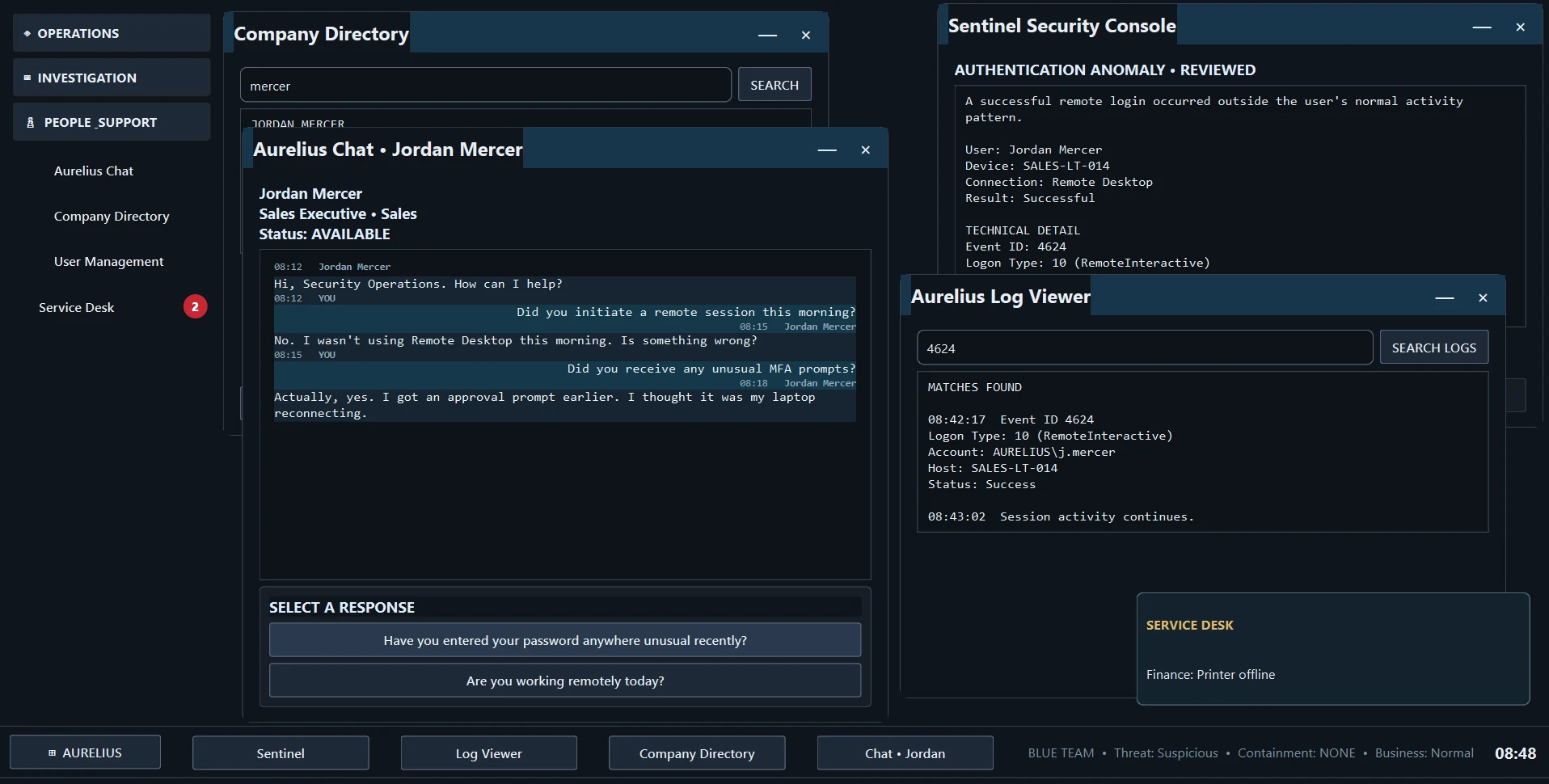 An earlier Aurelius alpha build with Company Directory, Aurelius Chat, Sentinel Security Console and Log Viewer open.