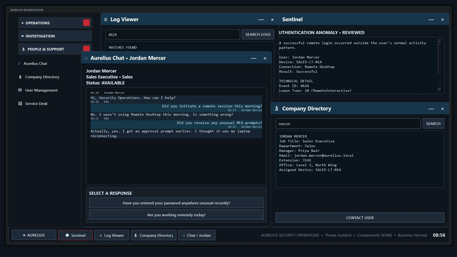 A TRACEWAKE Aurelius operation with Log Viewer, Sentinel, Company Directory and a chat with Jordan Mercer open together.