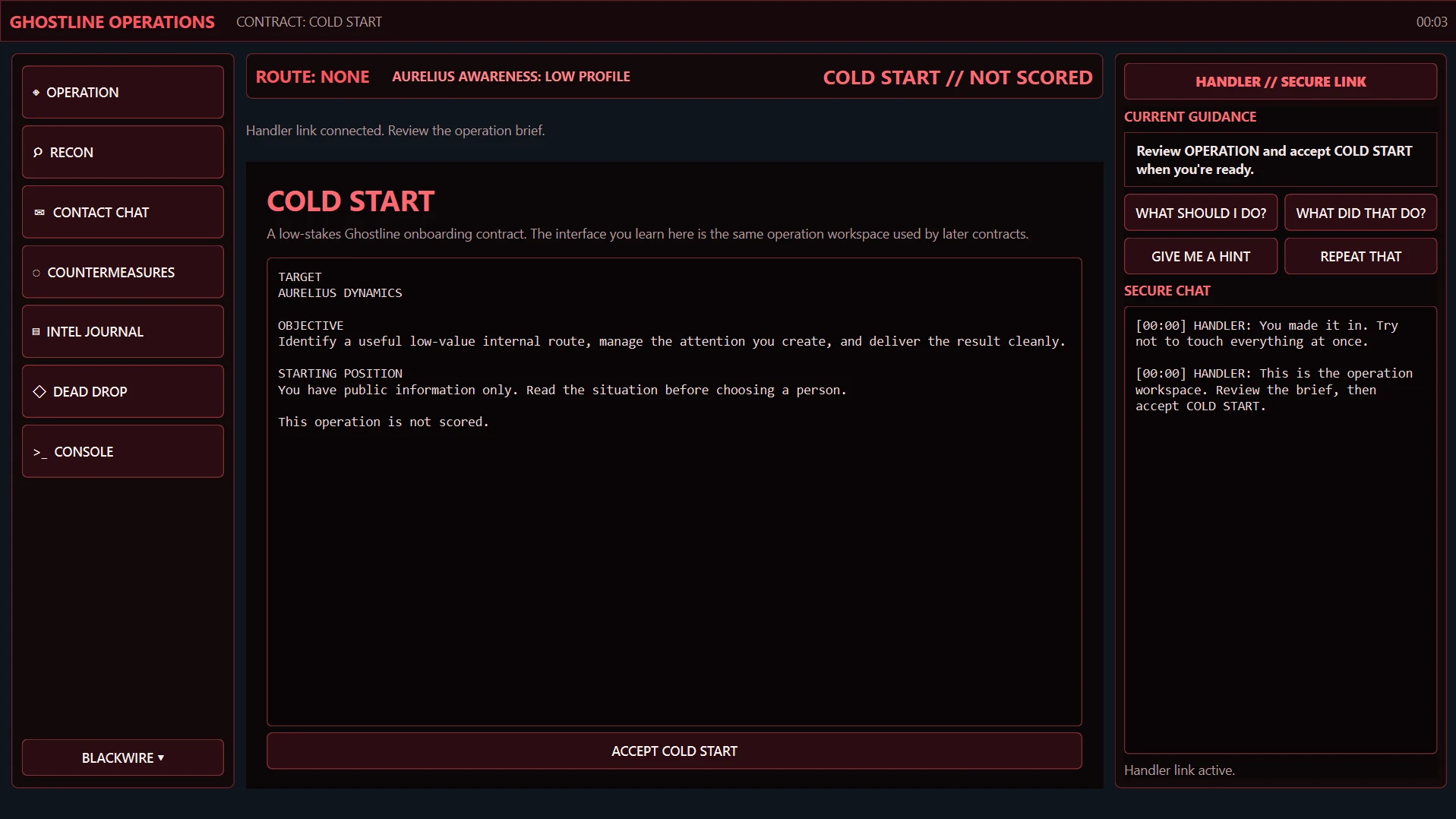 TRACEWAKE Ghostline Cold Start operation showing operation tools, handler guidance, secure chat and the onboarding contract brief.