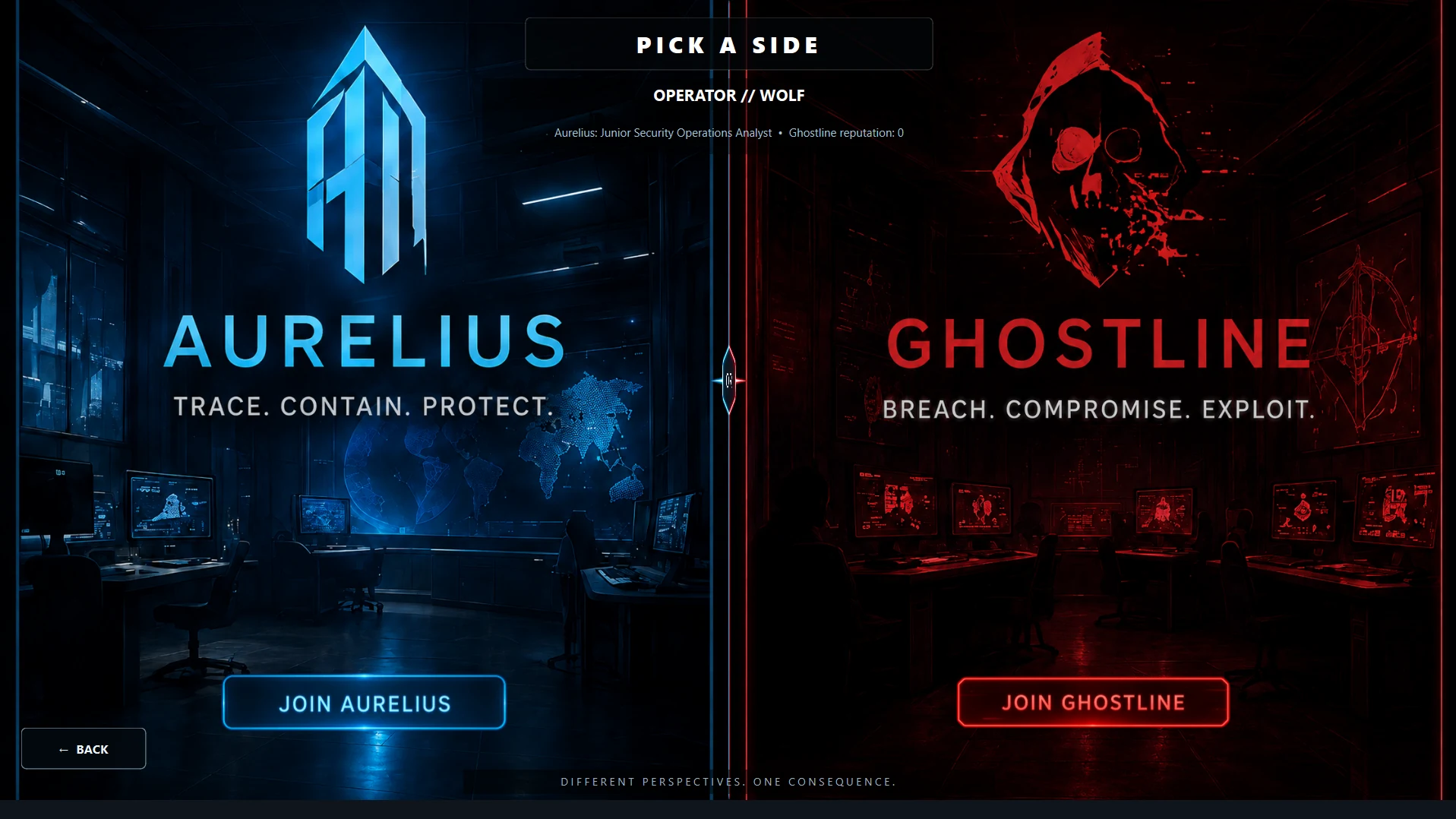 TRACEWAKE Pick a Side screen showing the blue Aurelius side and red Ghostline side, with their logos and faction slogans.