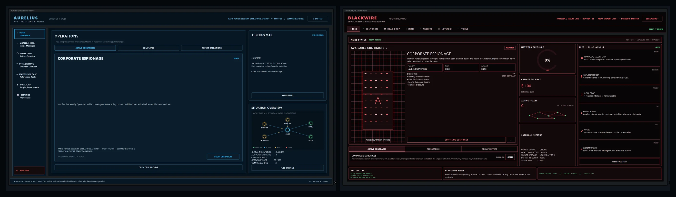 Current TRACEWAKE Aurelius VIGIL and Ghostline BLACKWIRE home interfaces shown side by side.
