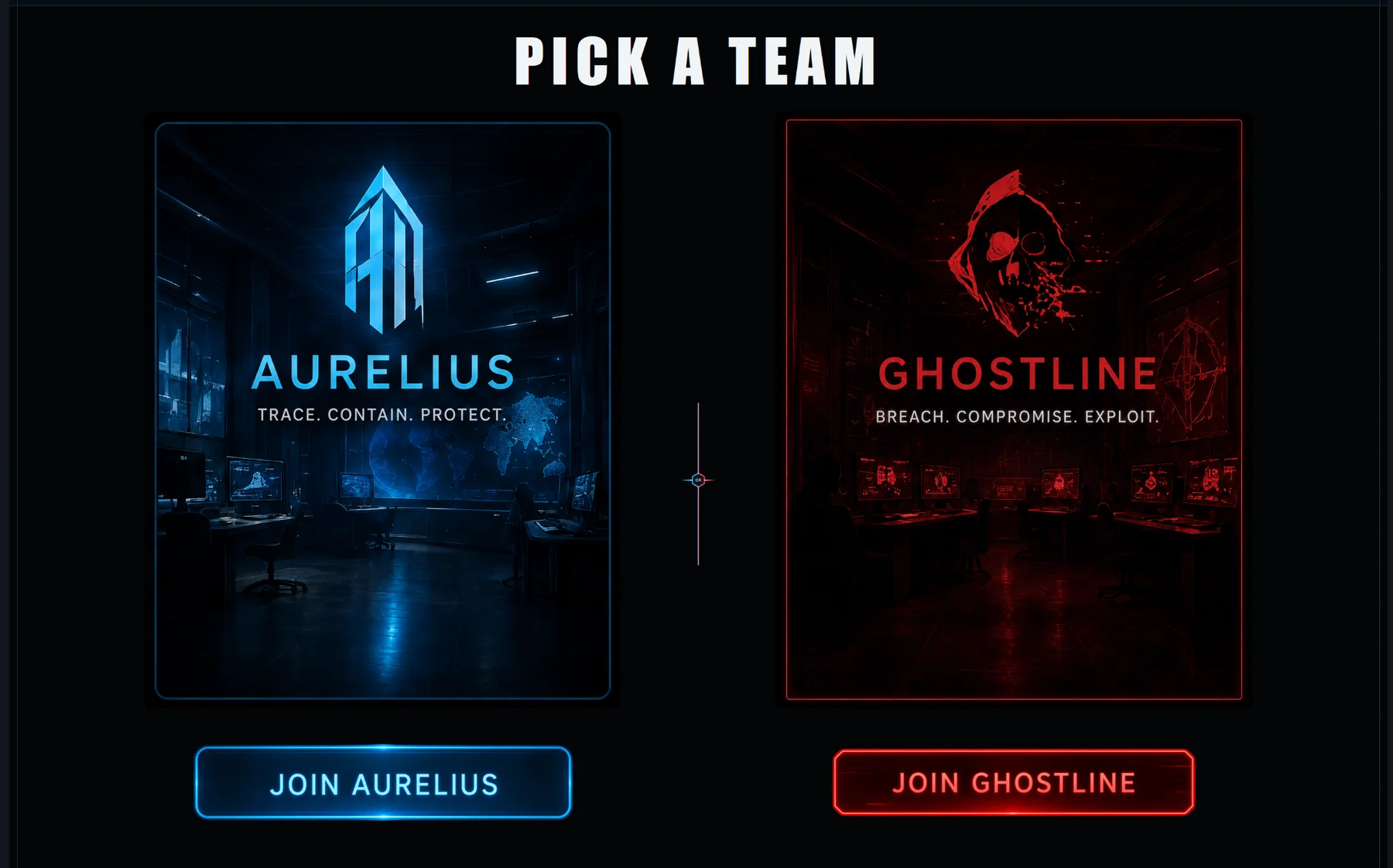 TRACEWAKE Choose Side screen with Aurelius and Ghostline team artwork and join buttons.
