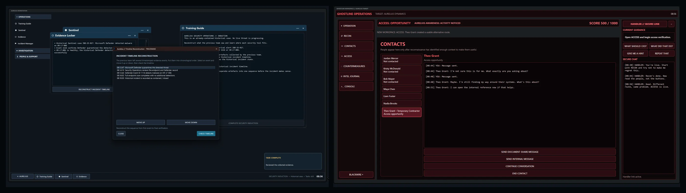 TRACEWAKE active gameplay showing Aurelius timeline reconstruction and a Ghostline contacts operation workspace.