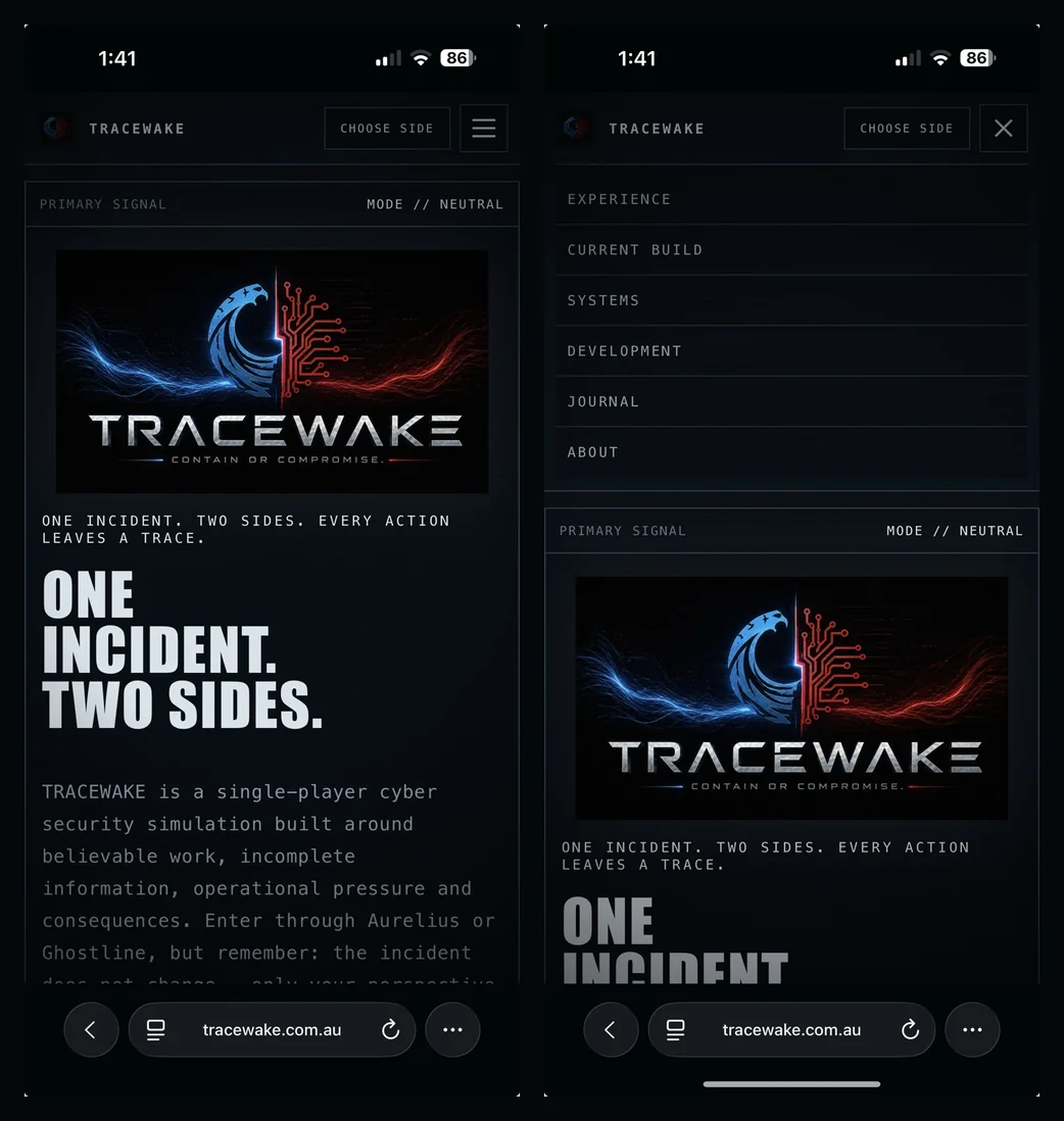 Live TRACEWAKE mobile website with the compact header and closed and open hamburger navigation states.