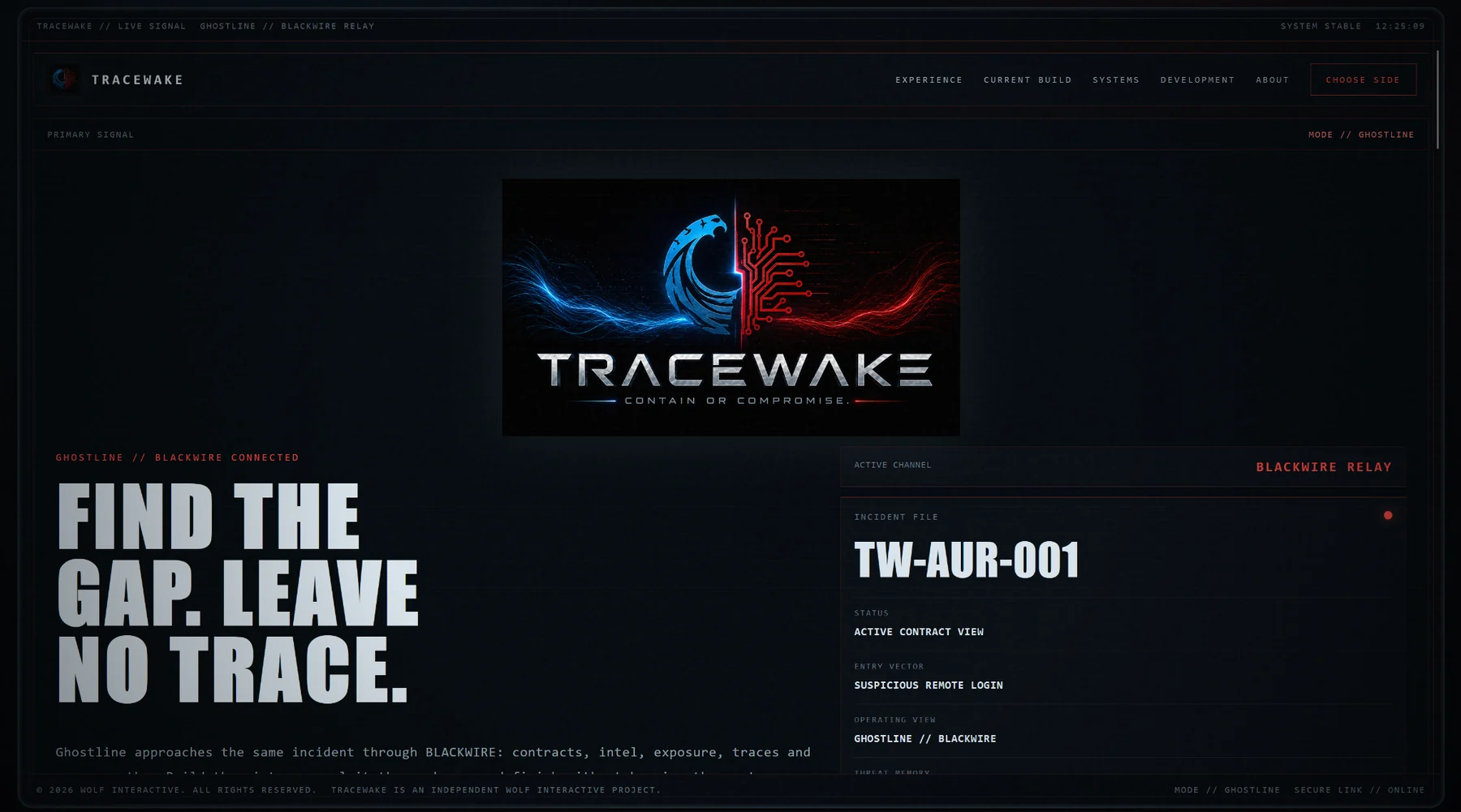 TRACEWAKE website in Ghostline mode with BLACKWIRE red interface styling.