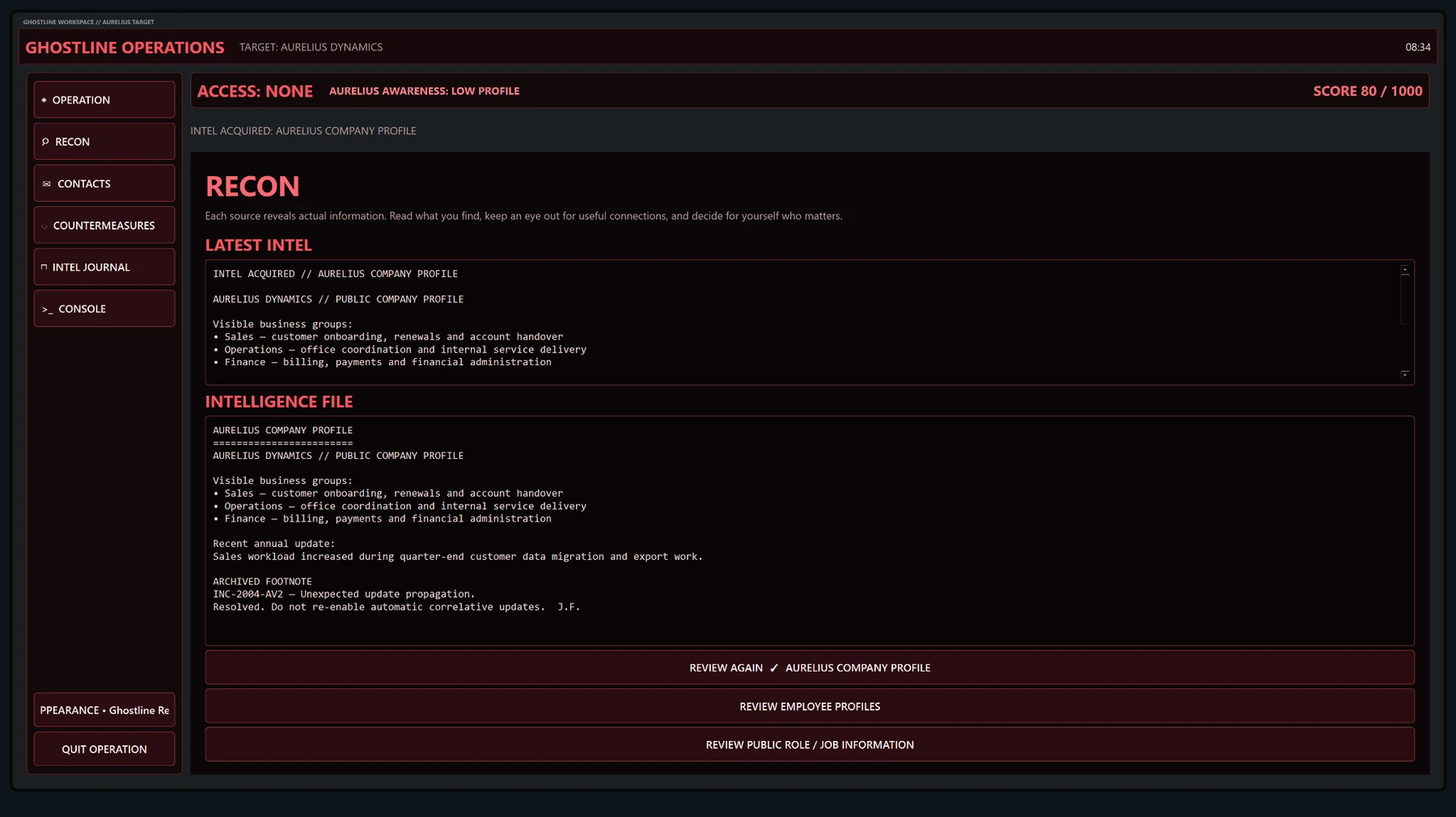 Ghostline Operations Recon workspace showing the Aurelius company profile, intelligence file and offensive operation controls.