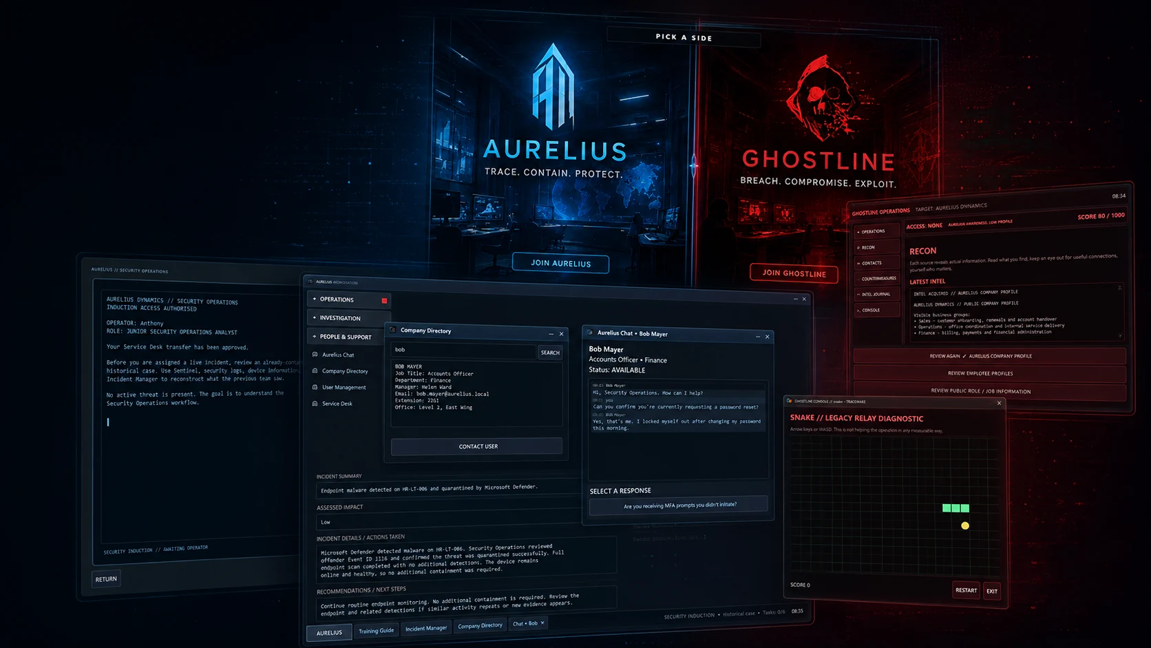 TRACEWAKE project composition showing Aurelius and Ghostline as opposing operational perspectives.